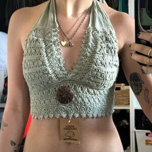 Green Lace Halter Crop Top